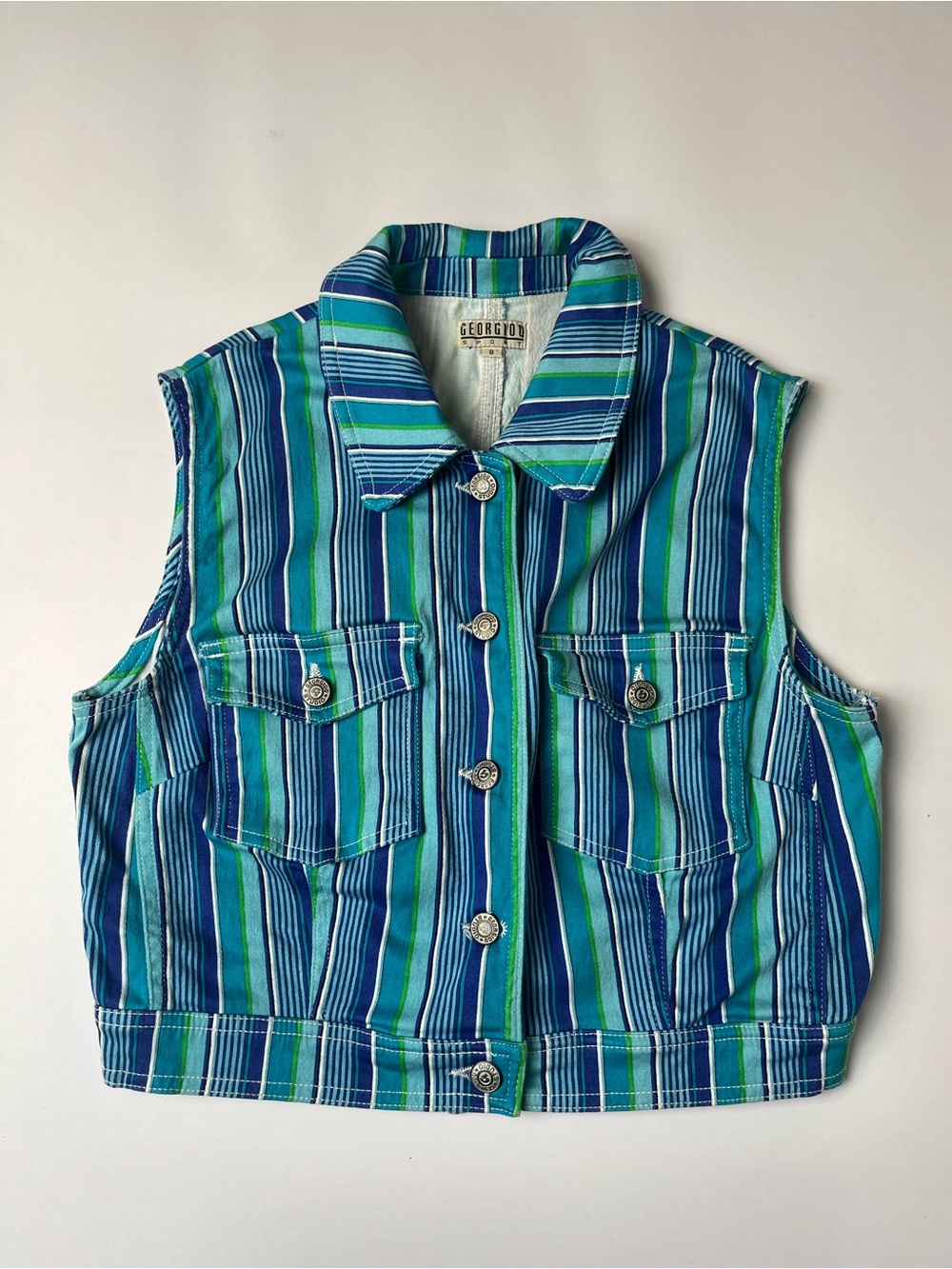 Georgio Striped Button-Up Crop Vest in Blue & Green Size 8 Modern Size Small